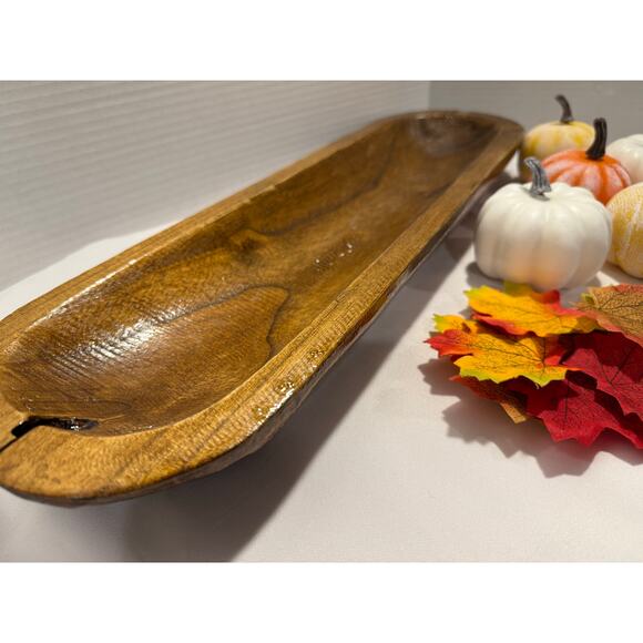 Carved Wooden Dough Bowl Primitive Wood Rustic Fall Decor, Pumpkins, Leaves - Picture 13 of 13